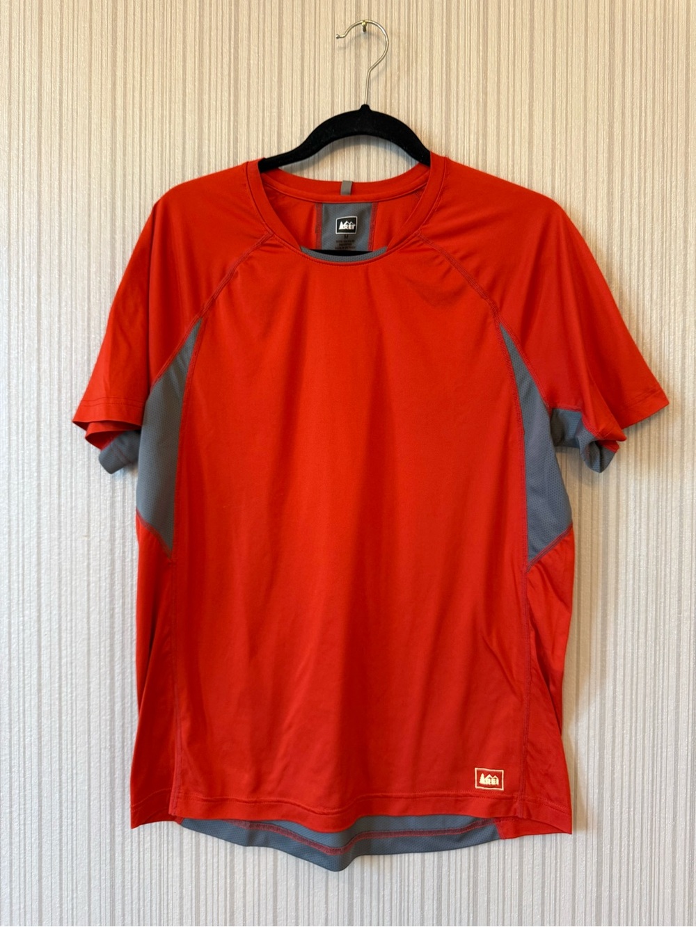 REI Red Short-Sleeve Performance Tee with Gray Panels